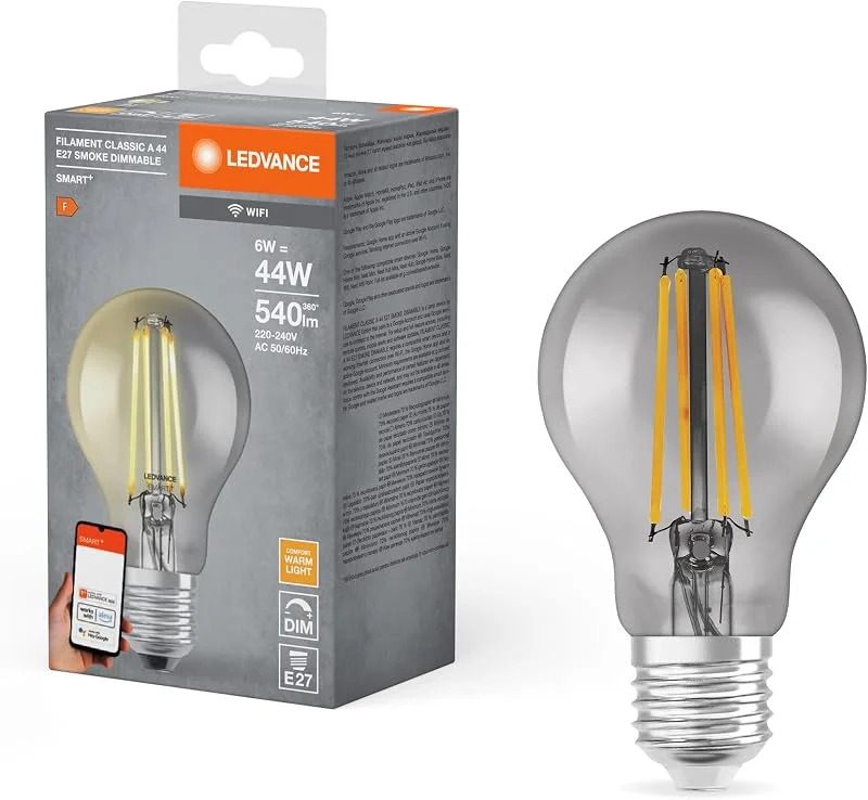 LEDVANCE Smart LED-lampa med Wifi, E27-sockel, dimbar, varmvitt (2500K), lampform, klar glödtråd i rökt glas, ersättning för konventionella 44W-lampor, kontrollerbar med Alexa, Google och app. — Smarta hem