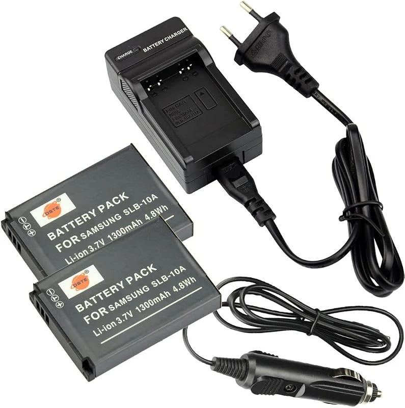 DSTE 2-Pack SLB-10A batteri och reseladdare kompatibel med Samsung SL102, SL202, SL420, SL502, SL620, SL720 — Laddning och kablar