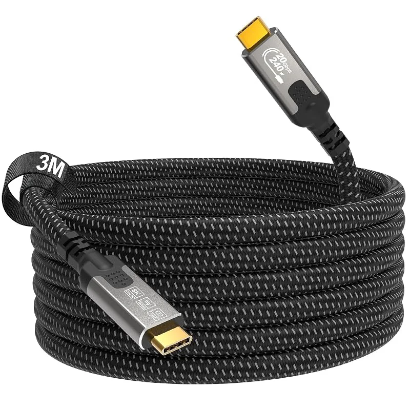 3m USB C till USB C Kabel, 3.2Gen 2x2 Kabel, 4K@144Hz, 60Hz, 8K@30Hz Flätad Typ C-kabel, 20Gbps Hög hastighet Dataöverföring C till C Kabel, 240W Ultra för Mobil Dell Switch Bärbar Monitor — Mobil och surfplatta