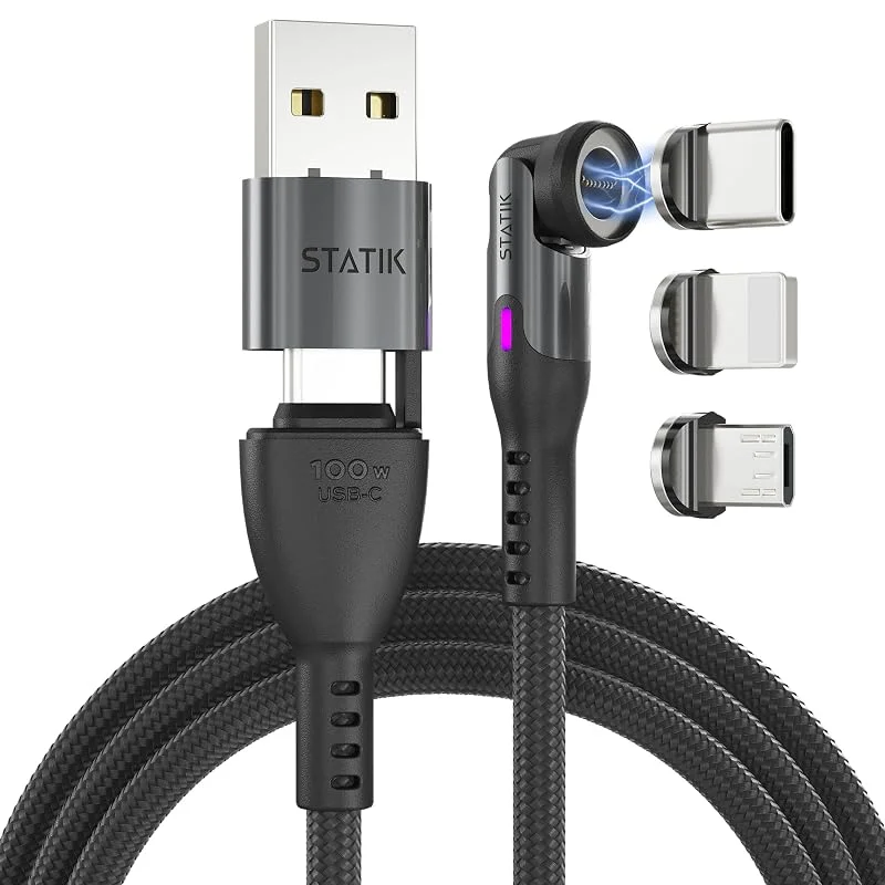Statik 360 Pro Magnetic Charging Cable - Type C Charger Fast Charging 3 in 1 USB C to USB C Cable, Micro USB and iProduct Tips, USB A Adapter, Fits All Devices - 100W Fast Charger, Black 3FT, 1M — Mobil och surfplatta