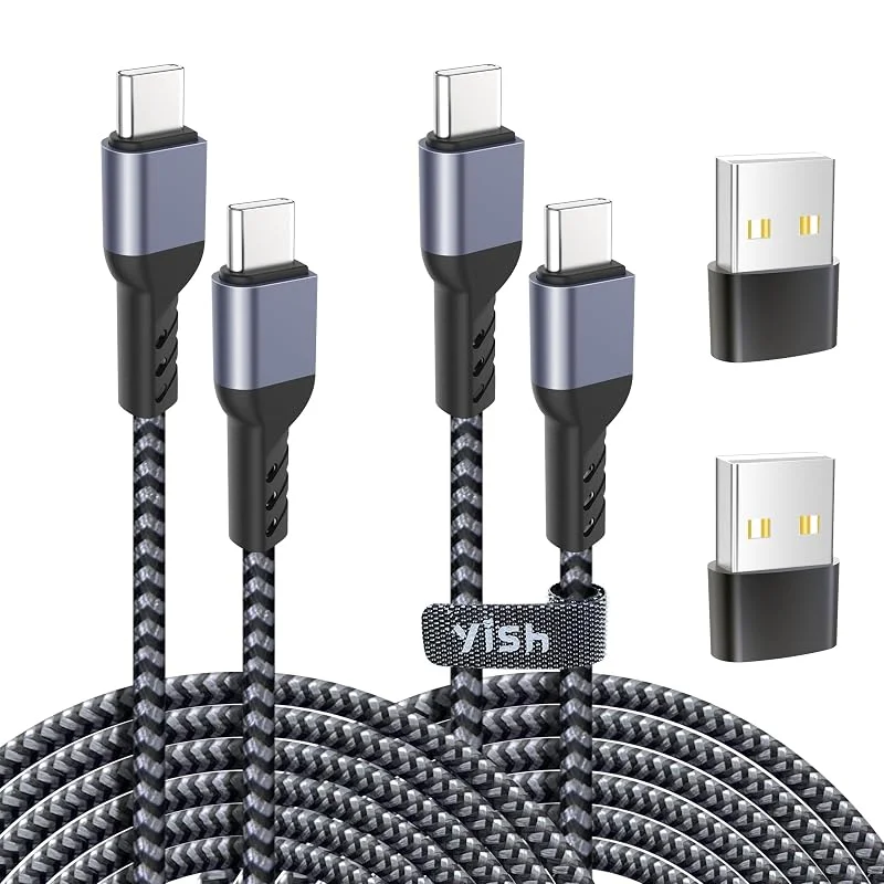 YISH 65W USB C till USB C kabel: [2 m + 2 M] USB typ C till typ C kabel snabbladdning 3A nylon flätad USBC kompatibel med iPhone 16 15 Pro Max Samsung Galaxy S24 S23 pixlar 7 Sony iPad MacBook — Mobil och surfplatta