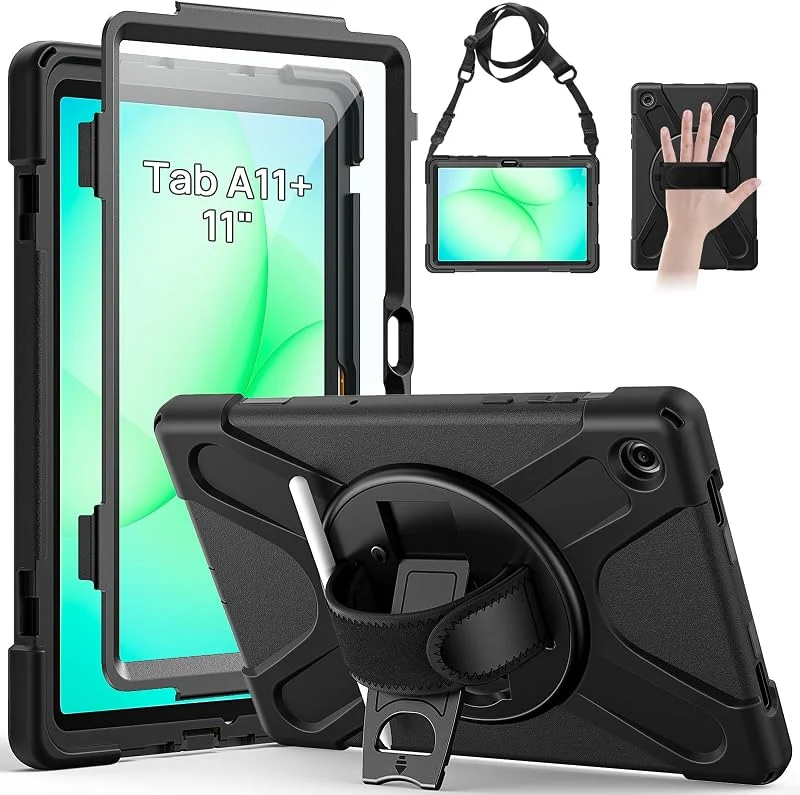 Gerutek Fodral för Samsung Galaxy Tab A11+, A11 Plus 11 tum med skärmskydd, hållbart fodral med 360° roterande stativ, handrem, axel, pennhållare för Tab A11 Plus, svart — Mobil och surfplatta