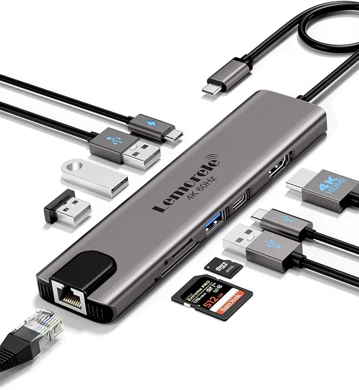 USB C hub multiportadapter, Lemorele 10-i-1 MacBook-adapter dongel, USB-hubb till 4K HDMI, Ethernet, 100 W PD, USB-C dataport, 4 USB-portar, MicroSD, TF, dockningsstation för MacBook, yta, Dell, HP — Laddning och kablar