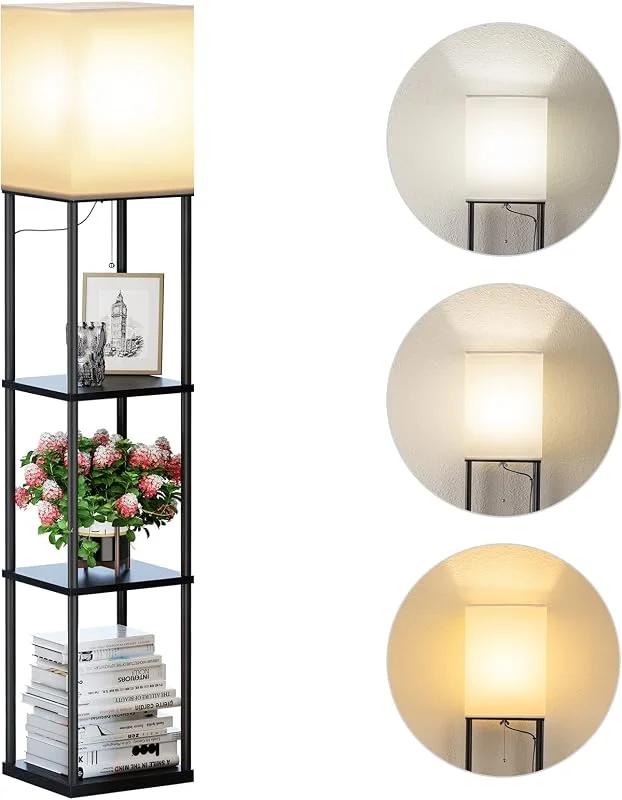 SUNMORY golvlampa för vardagsrum, sovrum, arbetsrum och kontor - 3 färgtemperatur LED-lampa med hylla, svart — Smart belysning