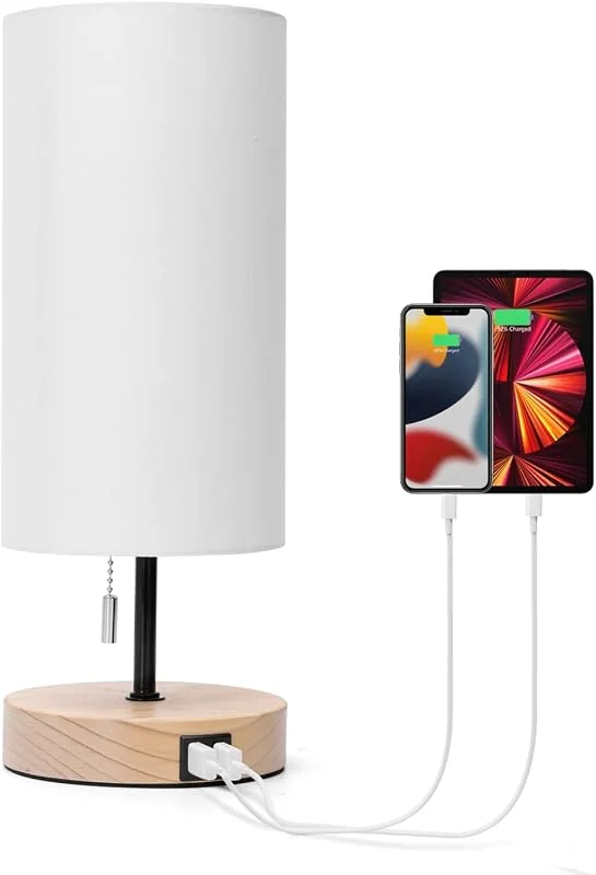 Aigostar bordslampa med 2 USB-laddningsportar, sänglampor med dragströmbrytare, träfot, vintage skrivbordslampa för vardagsrum, sovrum, kontor — Hushållselektronik