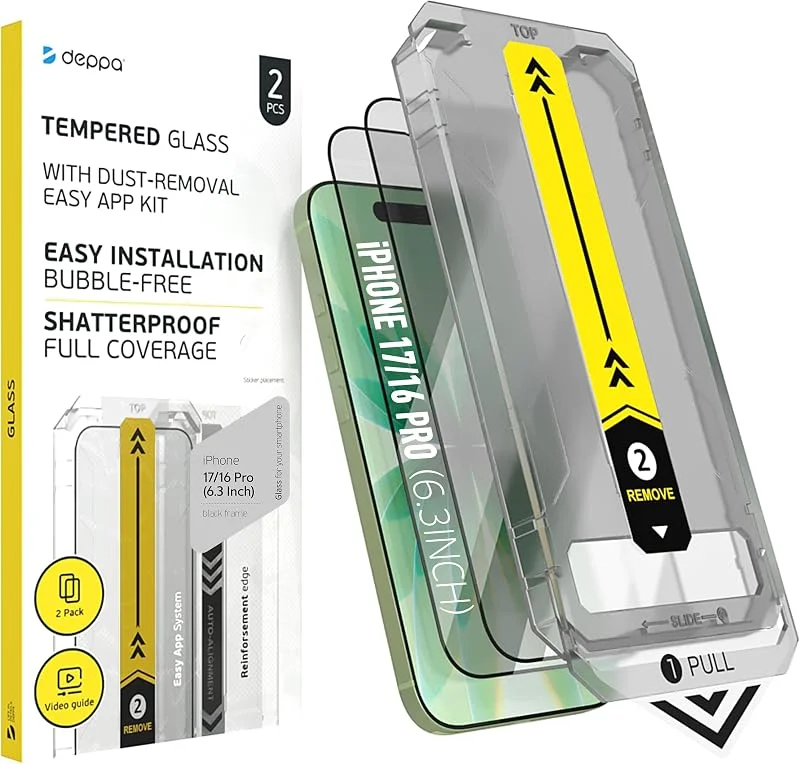 Deppa, 2-pack, skärmskydd i härdat glas för iPhone 17, iPhone 16 Pro (6, 3 tum) med smart installationsram, damm- och bubbelfri montering, 9H hårdhet, full täckning, enkel installation — Mobil och surfplatta