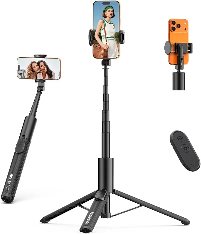 ULANZI SK27 Selfie Stick Tripod 154 cm, dold huvud, utdragbart ministativ, lämpligt för smartphones, 200° lutningsvinkel, 1, 4'' skruvgränssnitt, inkluderar fjärrkontroll, kompatibelt med iPhone, Android — Mobil och surfplatta