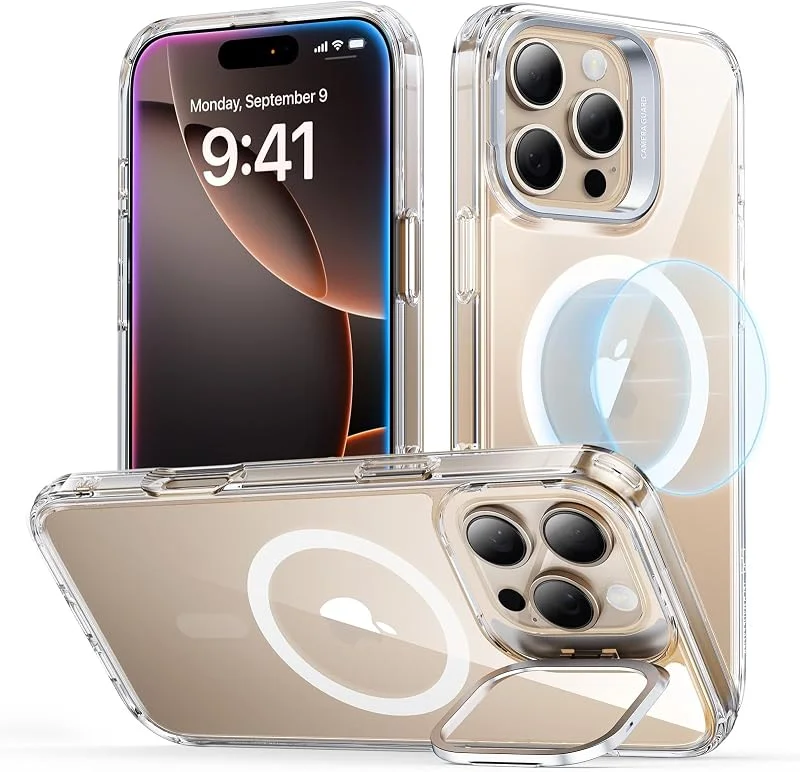 ESR iPhone 16 Pro-fodral med stativ, Magsafe Halolock-fodral, militärklassskydd, inbyggt kamera-ringhållare, transparent — Mobil och surfplatta