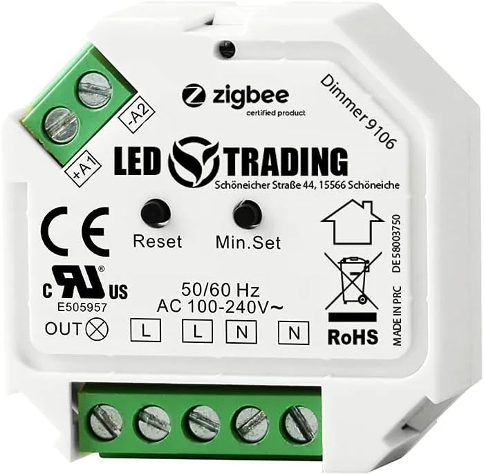 ZigBee 3.0 infälld väggdimmer, 1 kanal för max 230 V. 200 W LED 400 W halogen med tryckknappsanslutning fasavsnitt kontroll för dimbara lampor, transformatorer och lampor med eller utan neutralledare anslutning — Smarta hem
