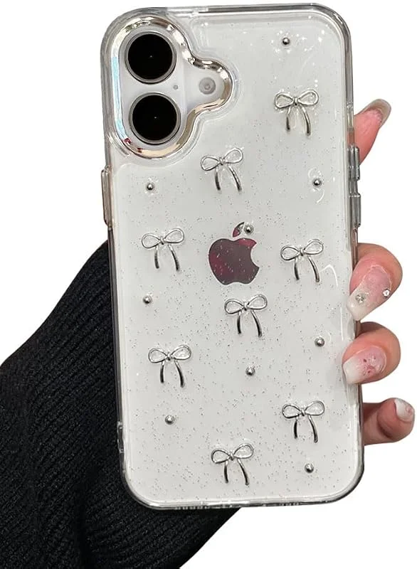 EYZUTAK Mobilskal för iPhone 17, med gnistrande 3D-rosett, telefonfodral med fin, glittrande kristallklar rosettdesign, smalt, mjukt, transparent skyddsfodral av TPU – silverfärgad fluga — Mobil och surfplatta