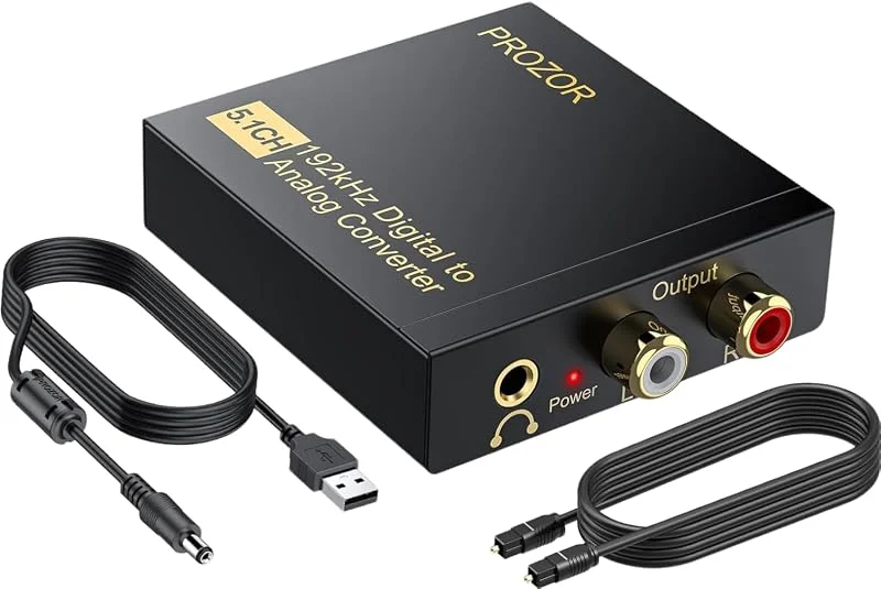 PROZOR 5.1CH DAC-omvandlare – optisk, koaxial till RCA, 3, 5 mm, 192 Khz digital till analog ljudadapter med förstärkarchip, inkluderar 1, 0 m optisk kabel och magnetisk ringströmsladd — Hörlurar och ljud