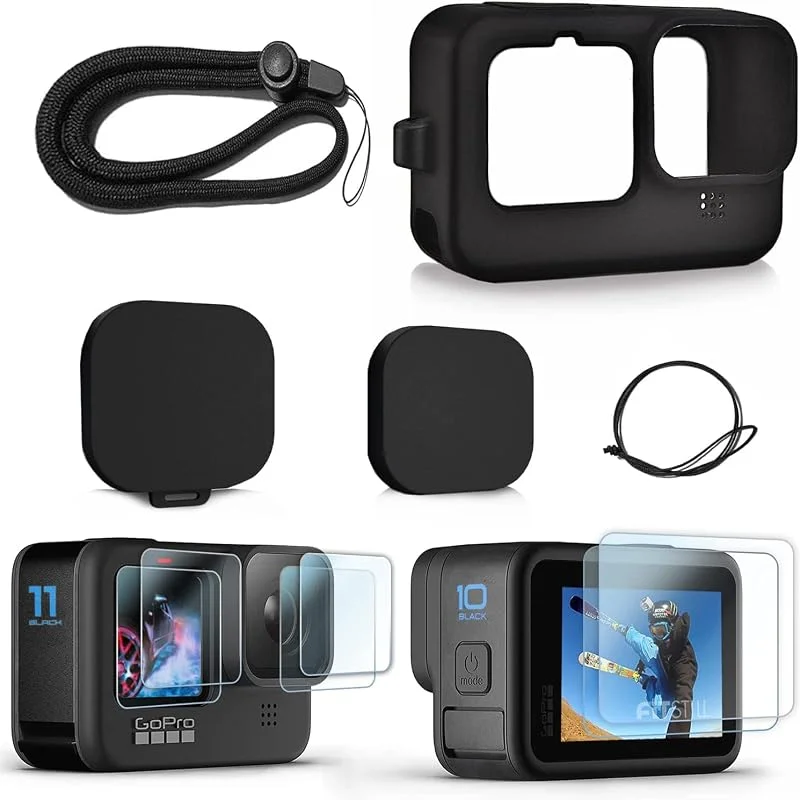 FitStill Silikongummifodral + 2-pack (6 st) härdat glasskydd kompatibelt med Go Pro Hero 9 Black, mjuk gummihylsa förvaringshus med linsskydd keps snodd tillbehörs kit för hero9 — Portabel digital och ljud