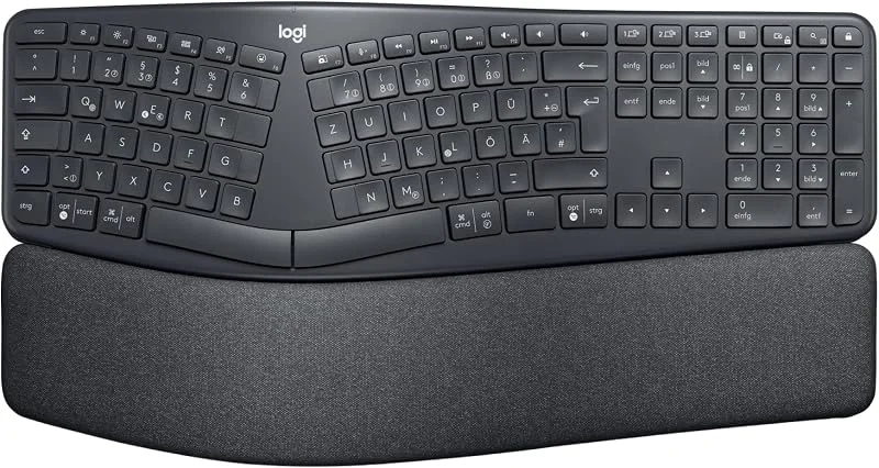 ERGO K860. Trådlöst ergonomiskt tangentbord med delad tangentbordslayout, handledsstöd, smutsresistent material, Windows, Mac, Bluetooth, USB-mottagare. Vadderat handledsstöd för 54% mer support — Portabel digital och ljud