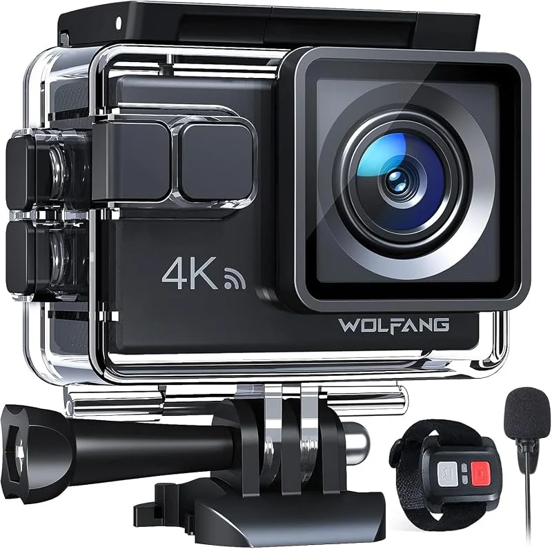WOLFANG GA100 Action Cam 4K 20 MP undervattenskamera, WiFi, 40 m, vattentät is, bildstabilisator, hjälmkamera, 170° vidvinkel, videokamera (extern mikrofon, 2 batterier och tillbehörssats) — Portabel digital och ljud