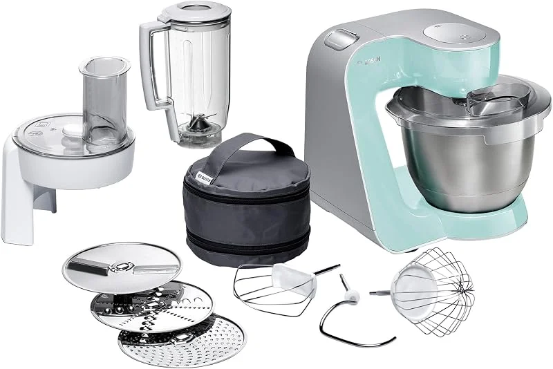 Bosch MUM5 1000W - Köksmaskin med 7 hastigheter och pulsfunktion, EasyArmLift, sladdfack och automatiskt parkeringsläge, konditorset ingår, turkos, silver — Kök & Hushåll