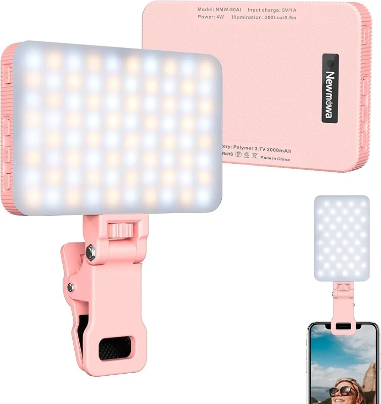 Newmowa Clip-on Telefon Selfie-lampa, Smart ljussensor 3 lägen 2000mAh-Rosa — Mobil och surfplatta