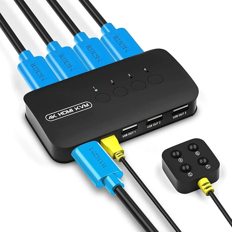 HDMI KVM omkopplare, USB KVM Switch för 4 Datorer, Dela 1 bildskärm och 3 USB-enheter, Mus, Tangentbord, Skrivare, Skannrar — TV och streaming