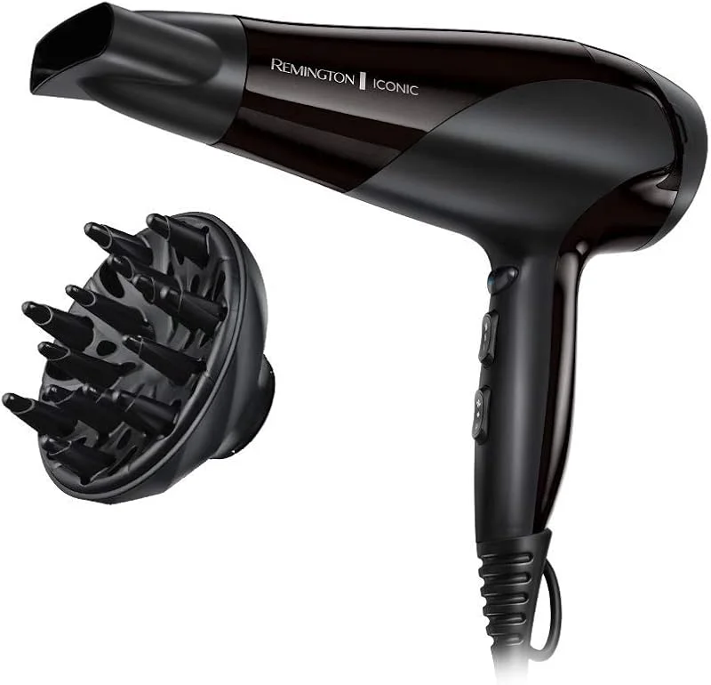 Remington hårfön, 2200W, 3 värme och 2 hastighetsinställningar, kalluft, jonisering, koncentrator, diffuser, upphängningsögla, svart, Ionic Dry D3198 — Hårvård