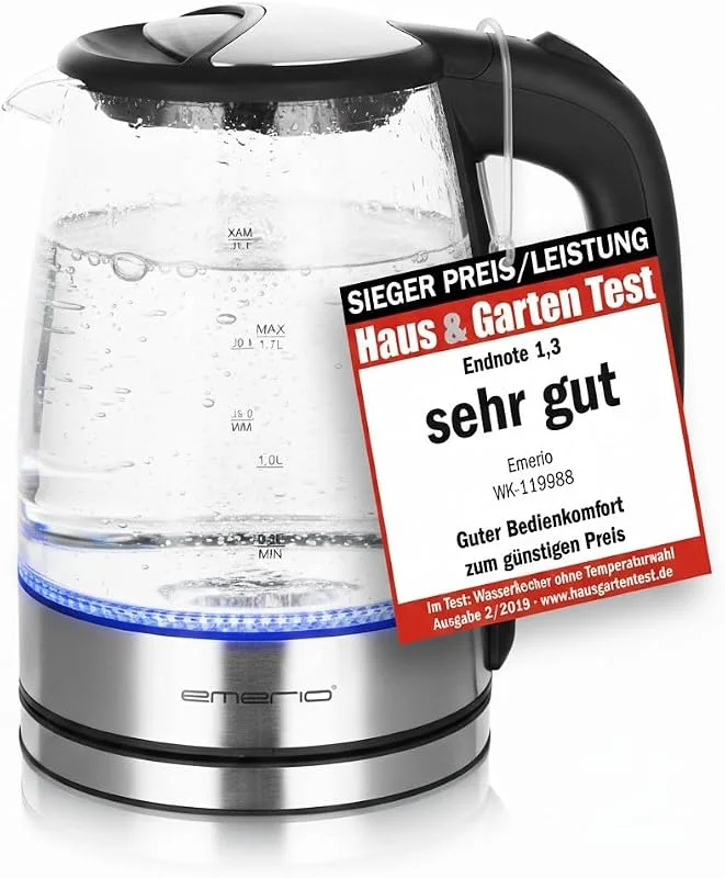 Emerio WK-119988 glaskokare, 1, 7 liter, 2200 watt, LED interiörbelysning, 360° bas, vinnarpris, prestanda hem & trädgårdstest 02, 2019, 1, 7 liter, svart, silver — Kök & Hushåll