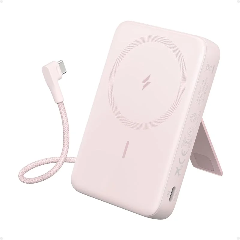 Anker Zolo Magnetisk Powerbank, 10, 000mAh Trådlös Bärbar Laddare med 30W Max Snabbladdning, Batteripaket med Inbyggd USB-C Kabel och Justerbart Stativ, För iPhone 16, 15, 14 Serien, AirPods, och Mer — Mobil och surfplatta