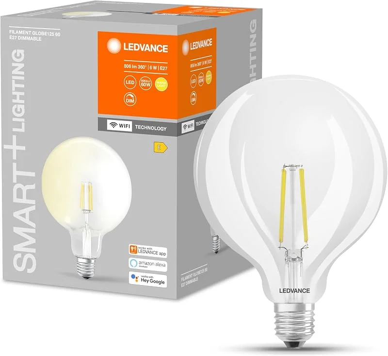 LEDVANCE Lampada LED intelligente con tecnologia WiFi, attacco E27, dimmerabile, bianco caldo (2700 K), sostituzione per 60W, SMART+ WiFi Globe Edison dimmerabile — Smarta hem