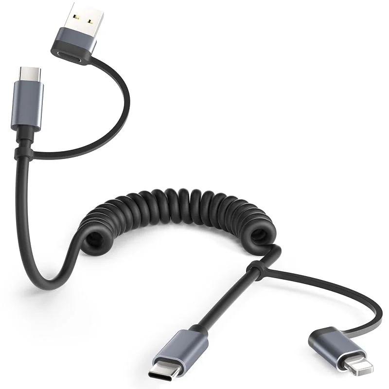 Basesailor iPhone 17 Pro Max Billaddarkabel 1, 2M, 4 i 1 USB C Spiralkabel — Mobil och surfplatta