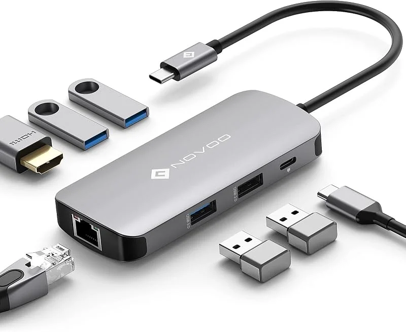 NOVOO USB C Hub med HDMI och Ethernet, 7-i-1 Adapter med 100W Power Delivery, 4x USB portar, Slim Design för MacBook Pro, Surface, XPS — Laddning och kablar