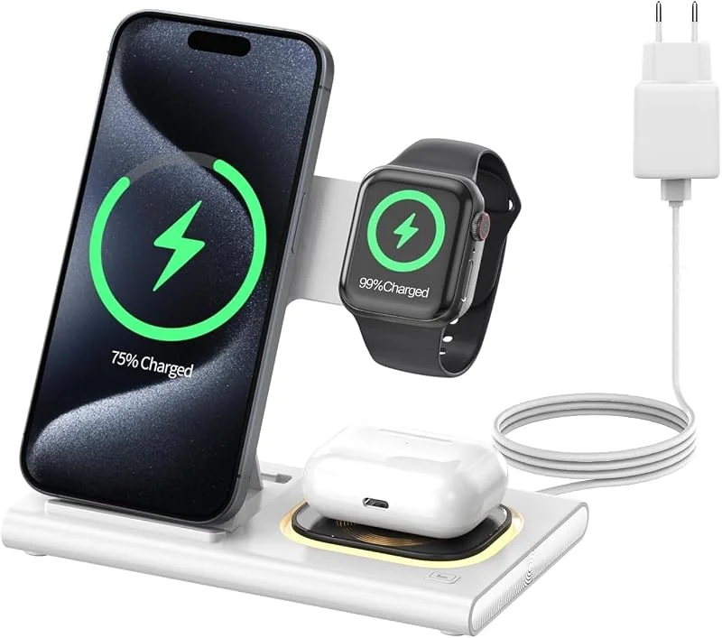 Aimtel Vikbar 3-i-1 trådlös laddningsstation för - induktiv laddare, kompatibel med iPhone 17, 17 Pro Max, 16, 15, 14, 13, 12, 11, Apple Watch 11, Ultra 3, 10, 9, 8, 7, 6, SE 3 — Mobil och surfplatta
