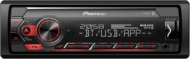 PIONEER 1-DIN-mottagare med Bluetooth, röd, vit belysning, USB, 3.5mm Jack, Spotify, Pioneer Smart Sync-app och kompatibel med Apple- och Android-enheter, röd, svart, MVH-S420BT — Portabel digital och ljud