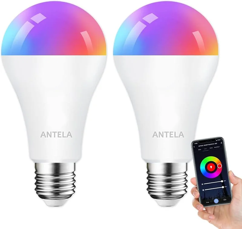 ANTELA Smart Wifi Glödlampa E27, 12W, 1350 Lumen, 16 Miljoner Färger, 2700-6500K, Smarta Lampor Kompatibel med Alexa, Google Home, Fjärrstyrning, Scheman och Timers, 2 Pack — Smarta hem
