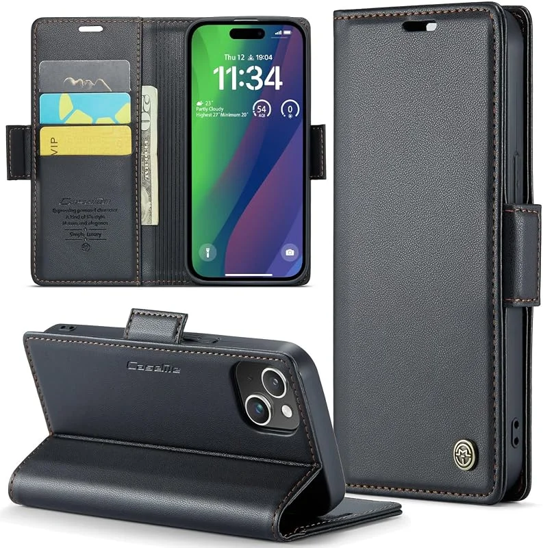 fodral för iPhone 15 6, 1", premium PU-läder telefonfodral med RFID-blockering, ställ, kortplats, magnetiskt skydd, flip bok plånboksfodral för iPhone 15, Svart — Laddning och kablar