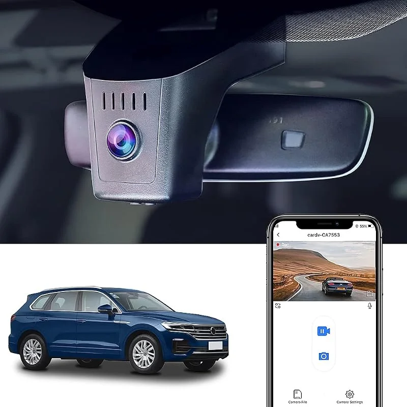 Fitcamx Dash Cam kompatibel med VW Touareg 2019-2025, OEM Bilkamera WiFi UHD 2160P Video, mörkerseende, Parkeringsmonitor, G-Sensor, Loop inspelning, WDR Dashcam 4K, Plug & Play, med 64GB kort — Portabel digital och ljud