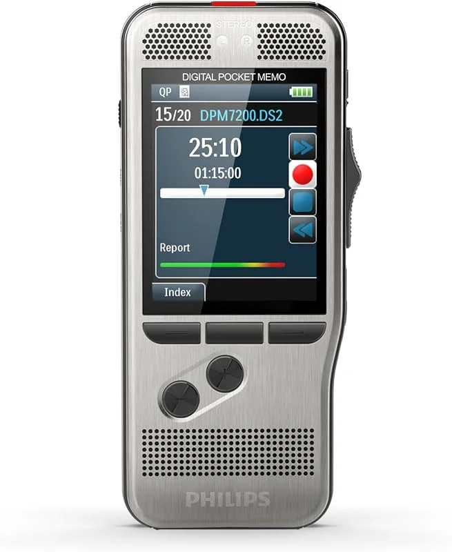 Philips PocketMemo Recorder SpeechExec DPM7200, 02 Slide Switch Professional Dual Microphone uppladdningsbart batteri färgskärm — Portabel digital och ljud