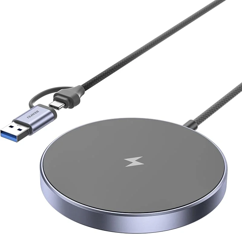 BENFEI Magnetisk trådlös laddare kompatibel med MagSafe för iPhone 17, 16, 15, 14, 13, 12, aluminium, upp till 7, 5 W, 1, 5 m kabel — Mobil och surfplatta