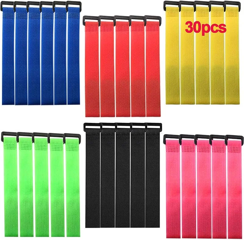 30 Stycken 20 X 2 cm Nylon Kabelband Set, Återanvändbara Kabelremmar, Justerbara Kardborreband Buntband, Multifunktionell Kabelorganisatör (Röd Gul Blå Grön Rosa Svart) — Laddning och kablar