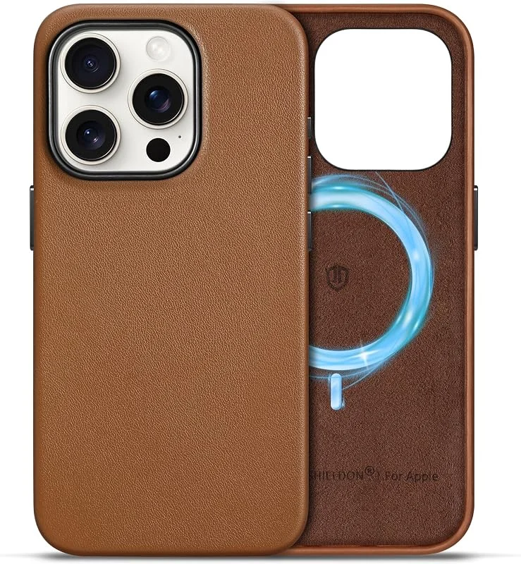 SHIELDON läderfodral för iPhone 15 Pro 6, 1" 5G, sadelbrun — Mobil och surfplatta