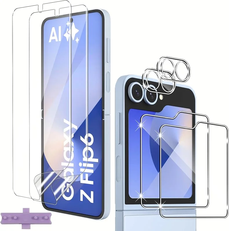 QULLOO Härdat glasfilm för Samsung Galaxy Z Flip 6, Flip6 5G, flexibel skärmskydd och skärmskydd härdat glas yttre skärm och skyddskamera [2+2 + 2 st] — Mobil och surfplatta