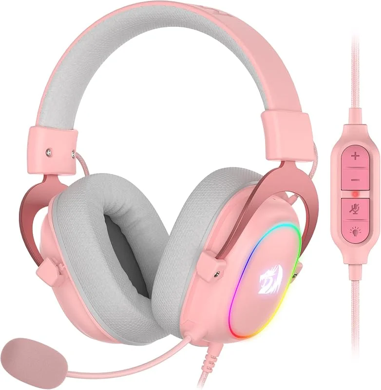 Redragon H510 Zeus-X RGB rosa trådbundet spelheadset – 7.1 surroundljud – 53 mm ljuddrivrutiner i minnesskum öronkuddar med hållbart tygskydd – flera plattformar hörlurar – USB-driven för PC, PS4, NS — Hörlurar och ljud