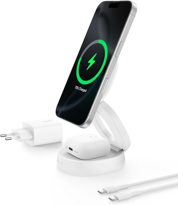 Belkin 2-i-1 Trådlös Laddare, Bärbar Trådlös Laddningsstation med 15 W, MagSafe-kompatibel Qi2-laddare för iPhone 16 och AirPods, med halkfri sockel, 30 W laddare medföljer - Vit — Mobil och surfplatta