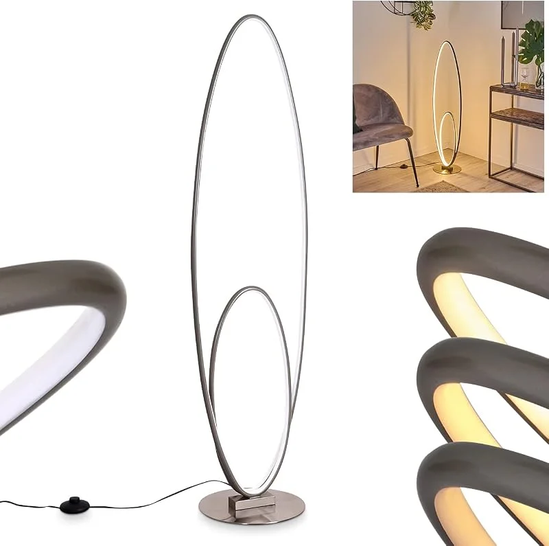 LED-golvlampa Harpeth, dimbar golvlampa i grå, vitt, lampa med 2 ringar i modern design, höjd 112 cm, 35 Watt, max. 3700 lumen, 3000 K, dimbar via fotpedal — Smart belysning