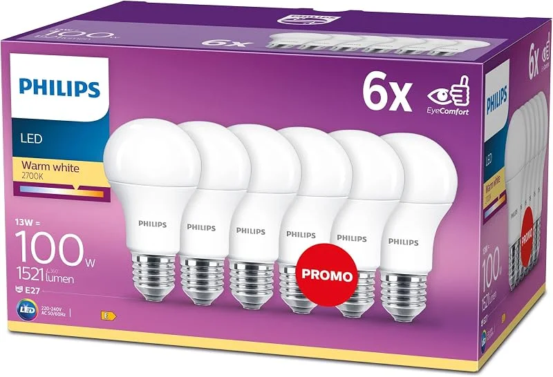 Philips E27 LED-lampa, Varmvit, 13 W, 6 st — Smarta hem