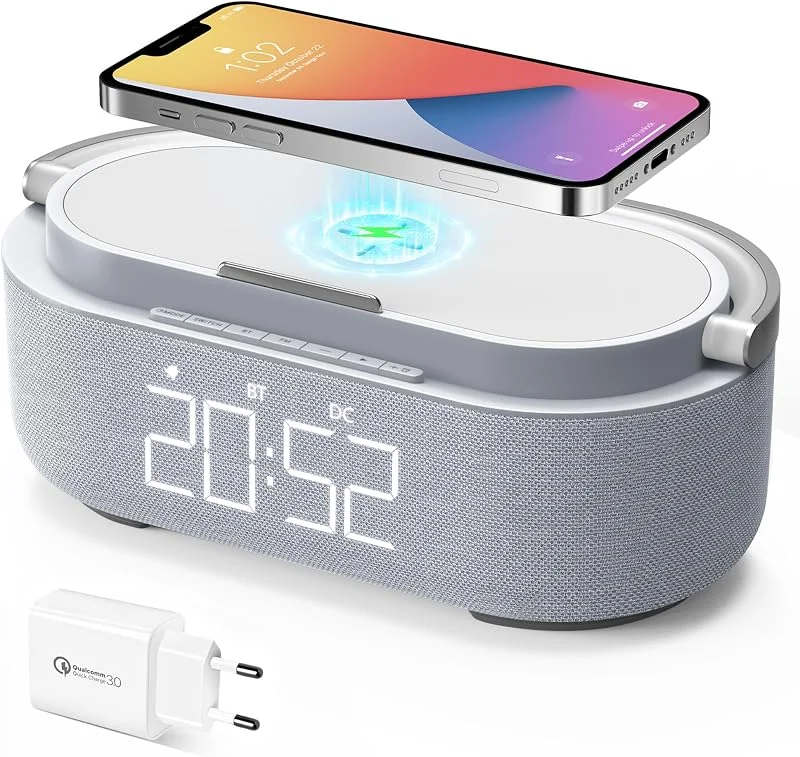 COLSUR digital klockradio med trådlös laddare, Bluetooth-högtalare med USB-laddare, smart väckarklocka med snooze-funktion, induktiv laddningsstation, nattlampa, dimbar LED-display och batteribackup — Smart belysning