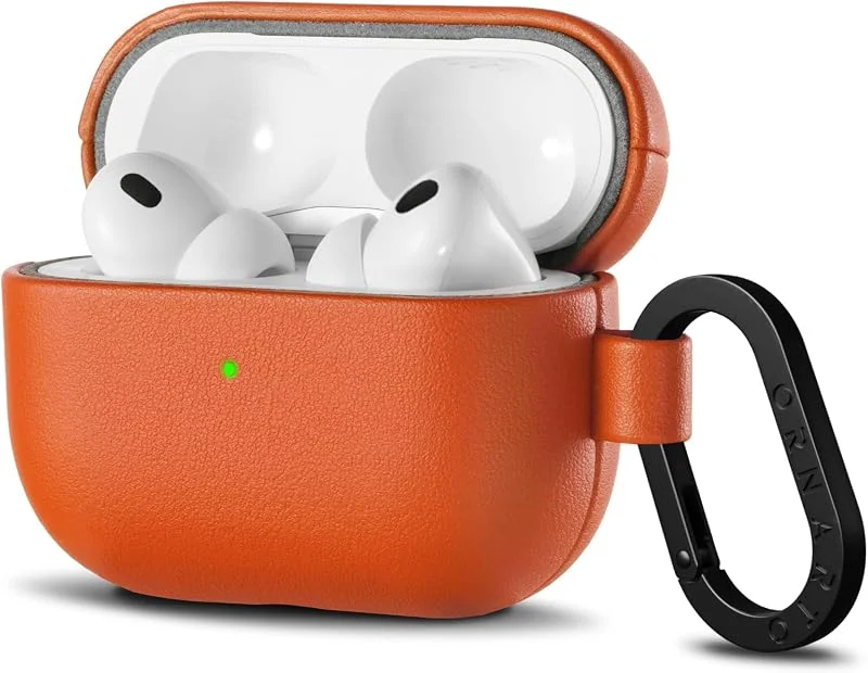 ORNARTO Läderfodral för AirPods Pro 3 (2025) - med karbinhake, stötskydd och mjuk beröring, synlig LED, demonteringsverktyg ingår - orange — Mobil och surfplatta
