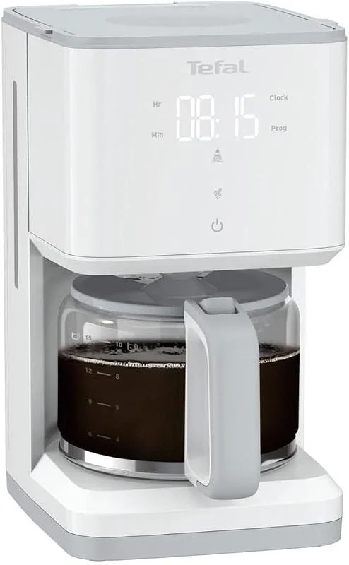 Tefal CM6931 Sense Filterkaffebryggare, Digital display, Glaskanna med lock, kapacitet för 10 till 15 koppar, aromfunktion, varmhållningsfunktion, droppstopp, vit — Kök & Hushåll