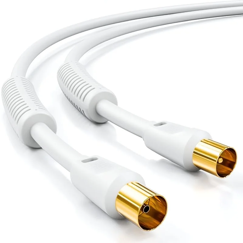 deleyCON 2m TV Antennkabel (IEC-Kontakt till IEC-Koppling) Koaxial Kabel HDTV 4-Faldig Skärmning 2x Ferritkärna Mantelströmsfilter DVB-T DVB-T2 Radio DAB - Vit — TV och streaming