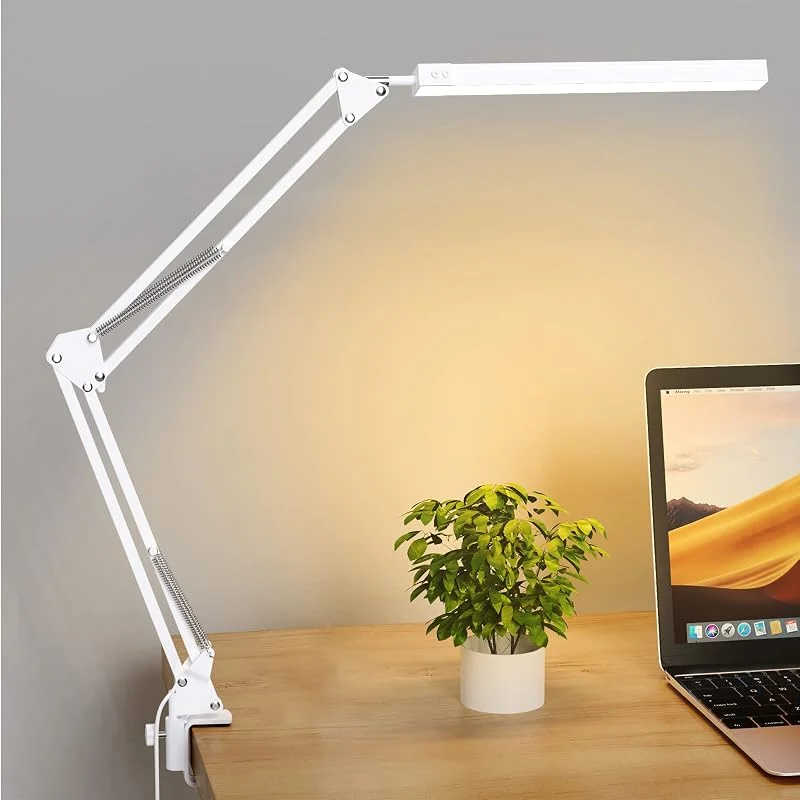 SKYLEO LED Skrivbordslampa med Klämma - LED Lampa som Skyddar ögonen - Justerbar Arbetslampa med Flera Vinklar - 3 Ljuslägen X 10 Ljusstyrkor - Vit — Mobil och surfplatta