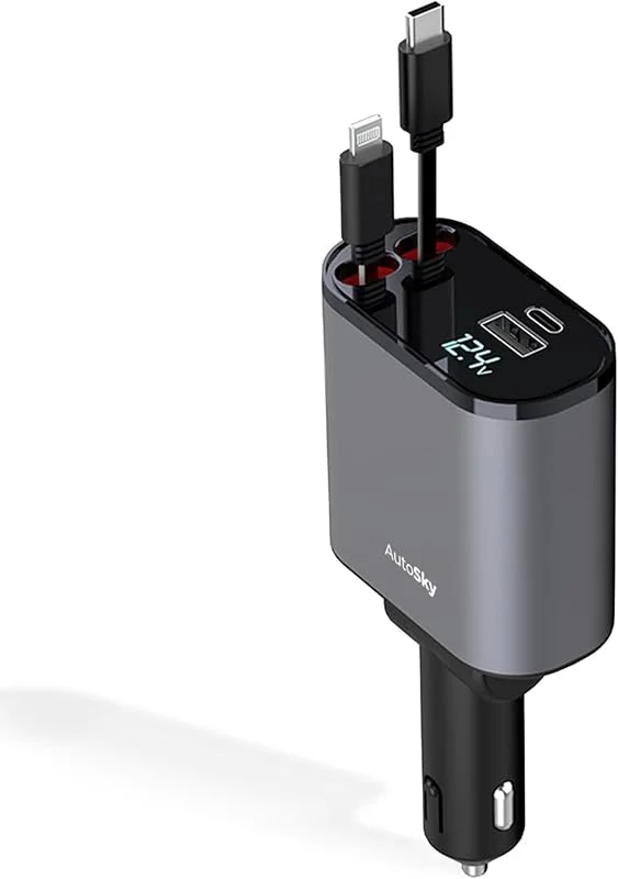 AutoSky 4-i-1 infällbar billaddare med snabbladdning – USB-C och Lightning-kabel plus en USB-C och USB-A-port — Mobil och surfplatta