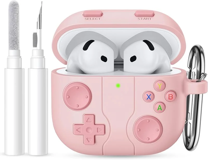 Ouwegaga för Airpods 4 fodral 2024 med rengöringssats, klassisk handhållen spelkonsol design stöttåligt skyddande fodral kompatibel med Apple AirPods 4:e generationen fodral, med karbinhake, rosa — Mobil och surfplatta