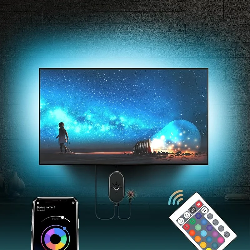 Mexllex 4M USB LED-slingor, intelligent bakgrundsbelysning för tv, musiksynkronisering, LED RGB-slinga, App Control, 4M för tv på 55–75 tum — Smart belysning