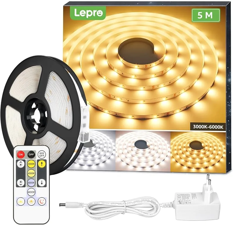 LE LED-remsa 5 m set dimbar, 3 000 K till 6 000 K varm vit till kall vit LED-remsa 12 V självhäftande, flexibel gör-det-själv LED-band, IP20 LED-list, 300 lysdioder SMD 2835, LED-ljusband för inomhus kök dekoration — Smart belysning